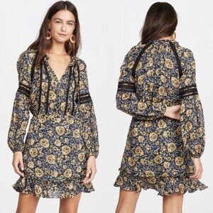 Veronica Beard Ida Silk Floral Dress Mini Size 0 Long sleeve lace ruffle blue